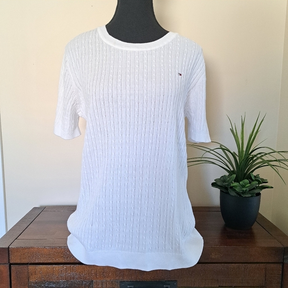 Tommy Hilfiger Sweater Women's Size Large White Cable Knit Short Sleeved NWT - Picture 2 of 12